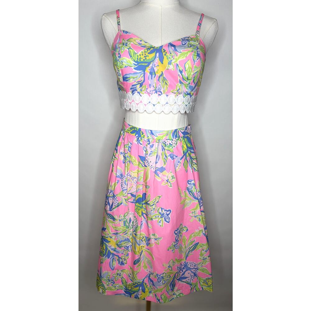 Lilly Pulitzer Pink Tropical Print Two-Piece Crop Top & Midi Skirt Set NWT - Picture 3 of 11